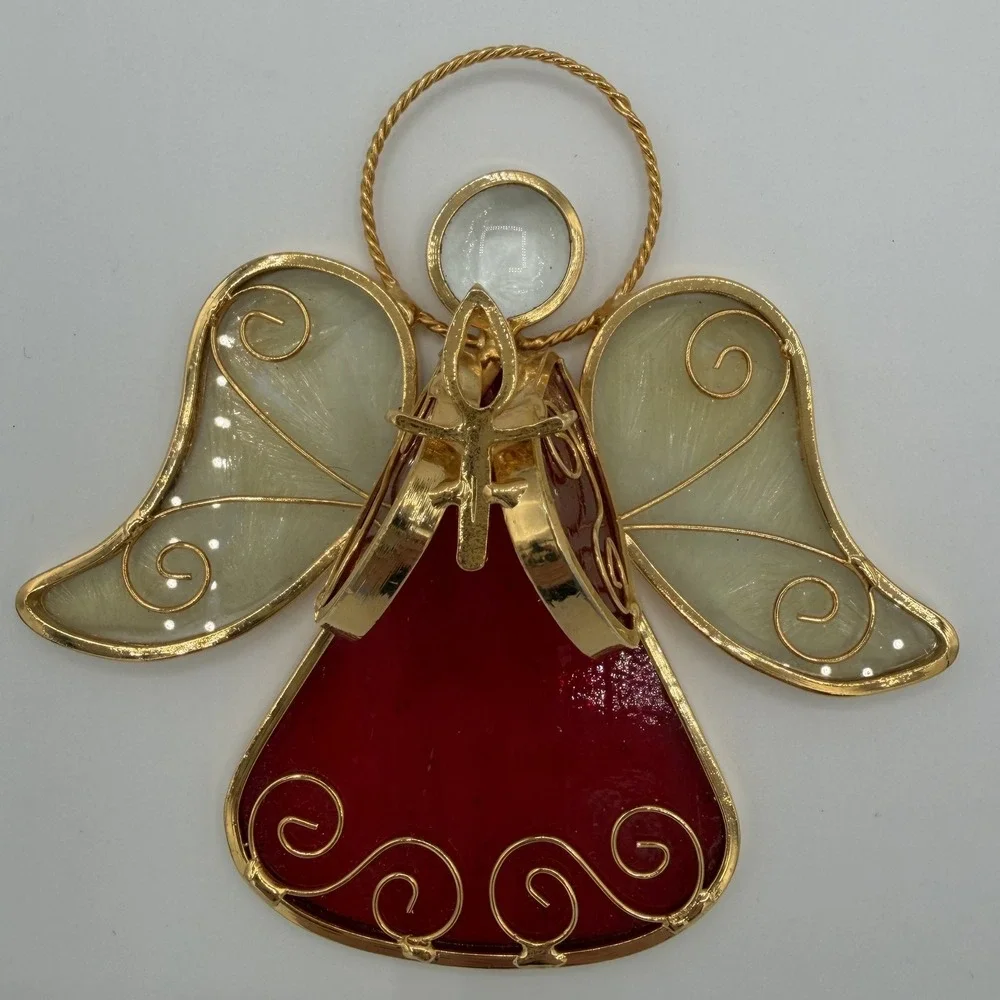 Vintage Red Angel Gold Tone Stained Glass Sun Catcher Winged Holiday‎ Decor